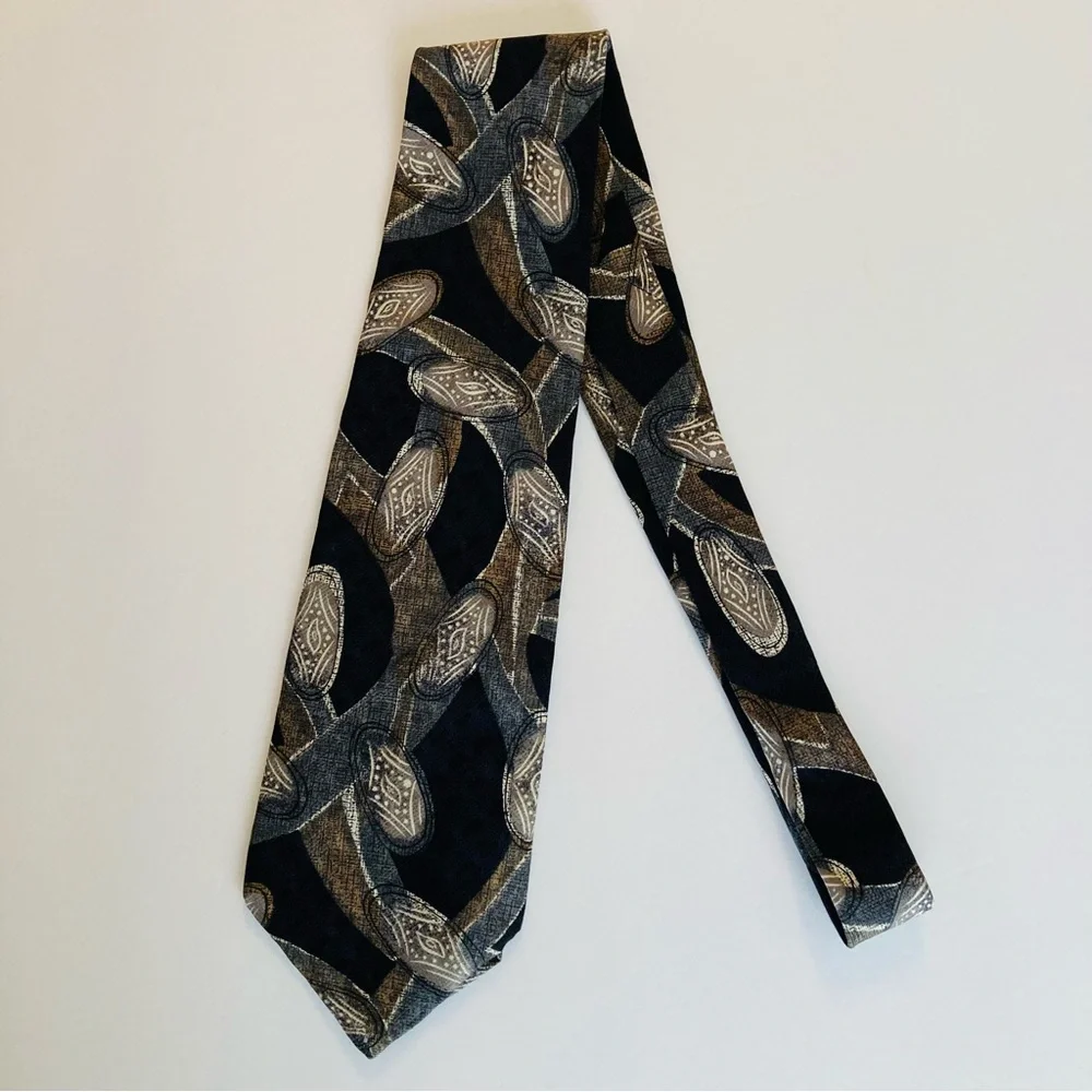Bundle of 2 Henry Grethel Italian Silk Neck Ties 58” and 56” Paisley Leaf Black
